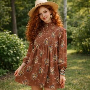 Brown Smocked High Neck Boho Dress Size XS | Semi Sheer Overlay Slip | As U Wish